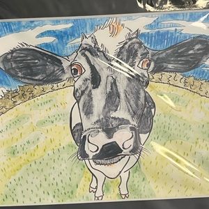 Black and White Cow saying hello. Artist Ryann Annadella